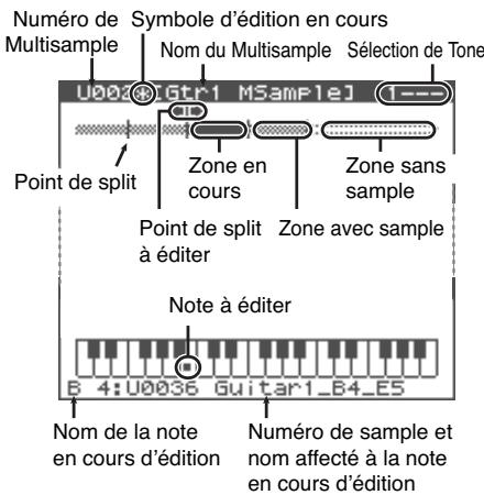Numéro de Multisample Symbole d'édition en cours Nom du Multisample Sélection de Tone U002 [6tr1 MSample] Point de split Zone en cours Zone sans sample Point de split Zone avec sample à éditer Note à éditer 6 4:U0036 Guitar1_84_E5 Nom de la note en cours d'édition Numéro de sample et nom affecté à la note en cours d'édition