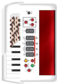 Diagram of a device control panel with labeled buttons and color-coded indicators for status or signal.