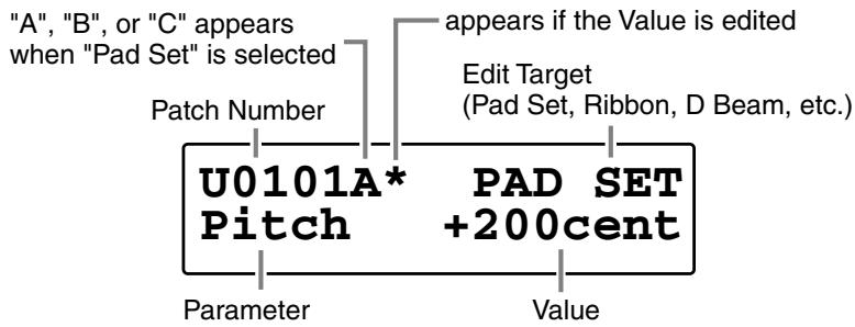 "A", "B", or "C" appears when "Pad Set" is selected Patch Number appears if the Value is edited Edit Target (Pad Set, Ribbon, D Beam, etc.) U0101A* PAD SET Pitch +200cent Parameter Value