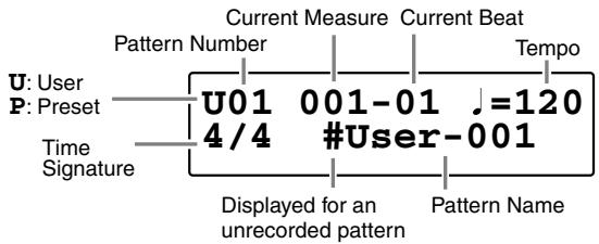 U: User P: Preset Time Signature Pattern Number Current Measure U01 001-01 ,=120 4/4 #User-001 Displayed for an unrecorded pattern Pattern Name Current Beat Tempo