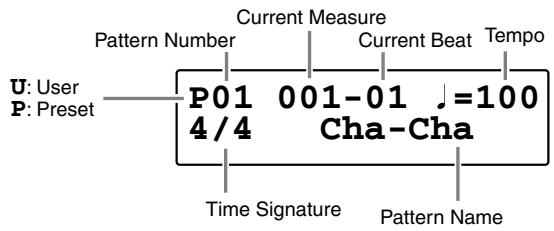 Pattern Number Current Measure Current Beat Tempo U: User P: Preset P01 001-01 =100 4/4 Cha-Cha Time Signature Pattern Name