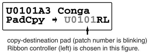 U0101A3 Conga PadCpy → U0101RL copy-destination pad (patch number is blinking) Ribbon controller (left) is chosen in this figure.