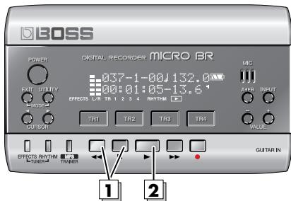 BOSS DIGITAL RECORDER MICRO BR POWER EXIT UTILITY MUSIC CURSOR EFFECTS R/YTHM TURB GUTAR IN 037-1-00,132.6 00:01:05-13.6 TR1 TR2 TR3 TR4 MIC ARB INPUT VALUE 1 2