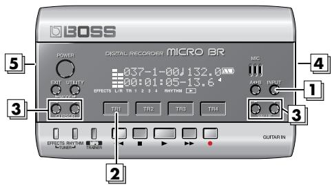 BOSS DIGITAL RECORDER MICRO BR 037-1-00/132.0 00:01:05-13.6 MIC INPUT AUX OUTPUT TR1 TR2 TR3 TR4 GUITARIN EFFECTS RHYTHM TURR 2 3 4 5 6 7 8 9 10 11 12 13 14
