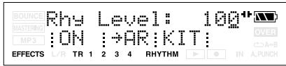 BOUNCE MASTERING MP3 RHz Level: 100* ON AR KIT: EFFECTS L/R TR 1 2 3 4 RHYTHM IN A.PUNCH