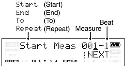 Start (Start) End (End) To (To) Repeat (Repeat) Measure Beat BOUNCE MASTERN MP3 Start Meas 001-1 NEXT EFFECTS L/R TR 1 2 3 4 RHYTHM IN A.PUNCH