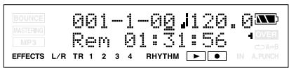 BOUNCE MASTERING MP3 001-1-00 120.0 Rem 01:31:56 OVER A+B EFFECTS L/R TR 1 2 3 4 RHYTHM IN A.PUNCH