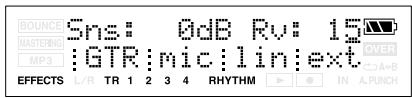 BOUNCE MASTERING: MP3 Sns: 0dB Rv: 15 GTR: mic: lin: ext EFFECTS L/R TR 1 2 3 4 RHYTHM IN A.PUNCH