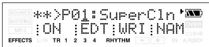 BOUNCE MASTERING MP3 EFFECTS L/R TR 1 2 3 4 RHYTHM **P01: SuperCln ON : EDT : WRI : NAM OVER A+B IN A.PUNCH