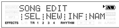 BOUNCE SONG EDIT MASTERING: SEL: NEW: INF: NAM MP3 EFFECTS L/R TR 1 2 3 4 RHYTHM IN A.PUNCH OVER A+B