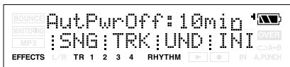 BOUNCE MASTERING MP3 Aut.PwrOff: 10mig :SNG: TRK: UND: INI OVER A+B EFFECTS L/R TR 1 2 3 4 RHYTHM IN A,PUNCH