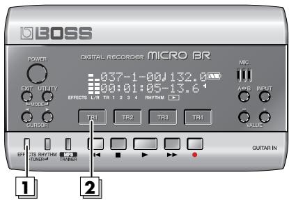 BOSS DIGITAL RECORDER MICRO BR POWER EXIT UTILITY MUSORY CURSOR 037-1-00J 132.0 00:01:05-13.6 AARB INPUT TR1 TR2 TR3 TR4 VALUE 1 2 GUTAR IN