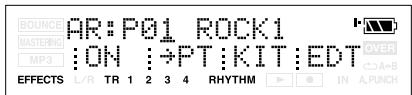 BOUNCE AR:P01 ROCK1 MASTERING :ON :→PT:KIT:EDT OVER MP3 EFFECTS L/R TR 1 2 3 4 RHYTHM IN A.PUNCH