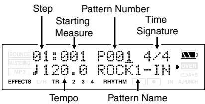 Step Starting Measure Pattern Number Time Signature 01:001 P001 4/4 J 120.0 ROCK1-IN OVER EFFECTS L/R TR 2 3 4 RHYTH IN A.PUNCH Tempo Pattern Name