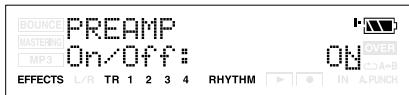 BOUNCE PREAMP MASTERING MP3 On/Off: ON OVER EFFECTS L/R TR 1 2 3 4 RHYTHM IN A.PUNCH