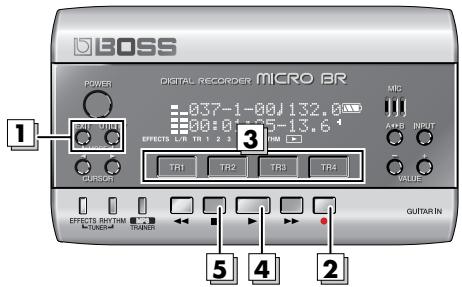 BOSS DIGITAL RECORDER MICRO BR POWER 37-1-00J 132.0 00:01:15-13.6 3 CURSOR TR1 TR2 TR3 TR4 MIC APR INPUT VALUE EFFECTS RHYM NURD GUTAR IN 5 4 2