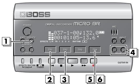 BOSS DIGITAL RECORDER MICRO BR POWER EXIT UTILITY MODE CURSOR EFFECTS E/R TR 1 2 3 4 RHYRIM TR1 TR2 TR3 TR4 GUTAR IN MCC A+B INPUT VALOR 1 2 3 5 6