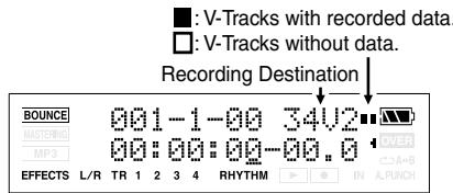 : V-Tracks with recorded data. : V-Tracks without data. Recording Destination BOUNCE 001-1-00 34V2 MASTER 00:00:00-00.0 MP3 EFFECTS L/R TR 1 2 3 4 RHYTH IN A.PUNCH