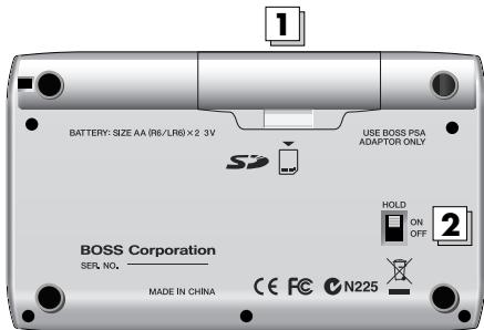 1 BATTERY: SIZE AA (R6/LR6) × 2.3V USE BOSS PSA ADAPTOR ONLY BOSS Corporation SEFL NO. MADE IN CHINA CE FC N225 HOLD ON OFF 2