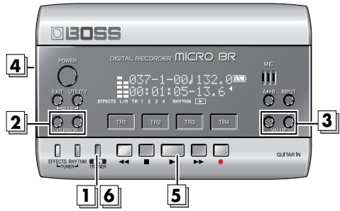 BOSS DIGITAL RECORSOER MICRO BR 037-1-00/132.0 00:01:05-13.6 MFC AVSB INPUT TR1 TR2 TR3 TR4 GUTAR IN EFFECTS RHYTHM TUNES TR1 TINER 1 6 2 3 4 5
