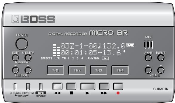 BOSS DIGITAL RECORDER MICRO BR POWER EXIT UTILITY MODE CURSOR 032-1-00:132.0 00:01:05-13.6 EFFECTS L/R TR 1 2 3 4 RHYTHM TR1 TR2 TR3 TR4 MIC A1/PB INPUT VALUE EFFECTS RHYTHM MP3 TUNER TRAINER GUITAR IN