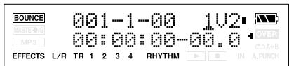 BOUNCE 001-1-00 1U2 MASTERING MP3 00:00:00-00.0 OVER CDA+B EFFECTS L/R TR 1 2 3 4 RHYTHM IN A.PUNCH
