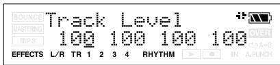 BOUNCE MASTEPING MP3 Track Level 100 100 100 100 OVER A+B EFFECTS L/R TR 1 2 3 4 RHYTHM IN A.PUNCH