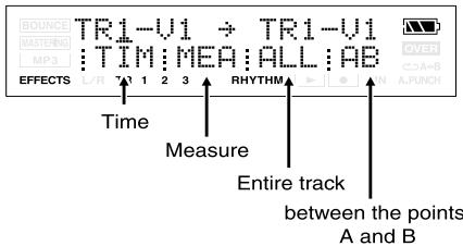 BOUNCE MASTERNIC MP3 TR1-V1 → TR1-V1 TIM:MEA:ALL:AB EFFECTS L/R 1 2 3 RHYTHM Time Measure Entire track between the points A and B