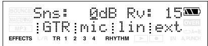 BOUNCE MASTENING MP3 EFFECTS L/R TR 1 2 3 4 RHYTHM IN A.PUNCH Sns: QdB Rv: 15 GTR: mic: lin: ext OVER A+B
