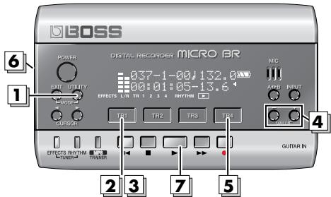 BOSS DIGITAL RECORDER MICRO BR POWER 037-1-00J132.0 OUT UTRITY 00:01:05-13.6 MCC AWP INPUT COURSE TR1 TR2 TR3 TR4 GUITAR IN EFFECTS RHYTHM GUITAR IN 2 3 7 5