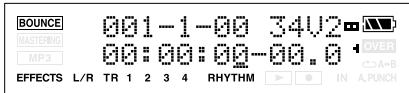 BOUNCE 001-1-00 34U2 MASTERING MP3 00:00:00-00.0 OVER A+B EFFECTS L/R TR 1 2 3 4 RHYTHM IN A.PUNCH
