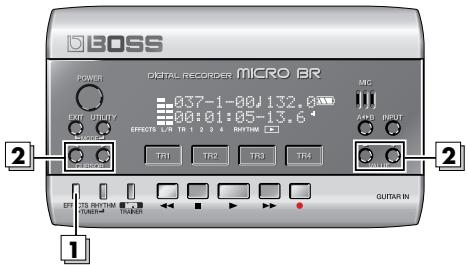 BOSS DIGITAL RECORDER MICRO BR 037-1-00J132.0 00:01:05-13.6 MCC Amps INPUT TTR1 TR2 TR3 TR4 GUITAR IN EPI 2S RHYTHM -TUNER TRINER 2 1 2