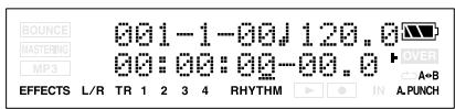 BOUNCE MASTERING MP3 001-1-00J 120.0 00:00:00-00.0 EFFECTS L/R TR 1 2 3 4 RHYTHM IN A.PUNCH OVER A+B