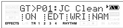 BOUNCE GT>P01:JC Clean MASTERING :ON :EDT :WRI :NAM MP3 :A+B EFFECTS L/R TR 1 2 3 4 RHYTHM IN A.PUNCH