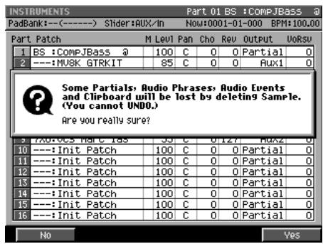 ROLAND MV-8000 - - Suppression d'un sample utilisé par plus d'un partiel ou phrase audio ou audio event - 1
