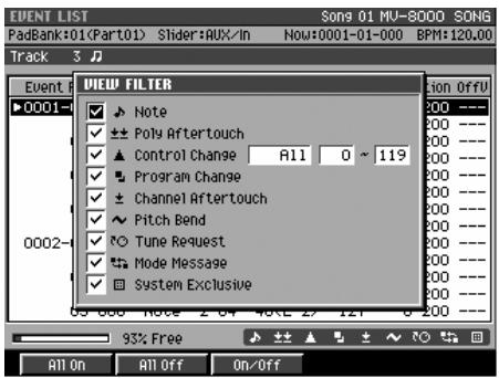 ROLAND MV-8000 - Limitation du type d'événements affichés (view filter) - 2