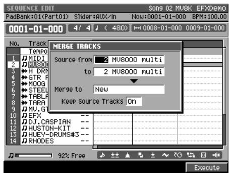 ROLAND MV-8000 - Amenez le curseur sur « merge tracks » avec et appuyez sur ENTER - 1