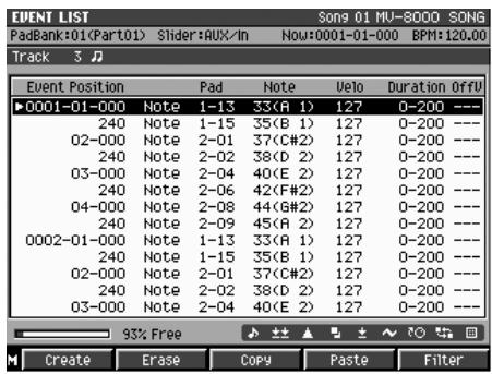 ROLAND MV-8000 - Utilisation de la page EVENT LIST EDIT pour opérer une piste MIDI - 1