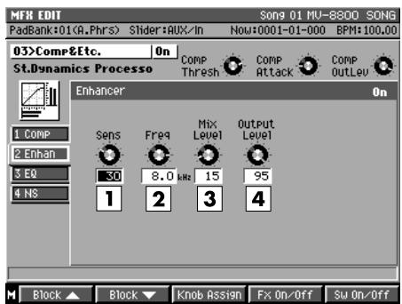 MFN EDIT Song 01 MV-8800 SONG PadBank:01(A.Phrs) Slider:AUX/In Now:0001-01-000 BPM:100.00 03>Comp&Etc. On St.Dynamics Processo Comp Thresh COMP Attack COMP OutLeu Enhancer On 1 Comp 2 Enhan 3 EQ 4 NS Sens Freq Mix Level Output Level 50 8.0 kHz 15 95 1 2 3 4 Block ▲ Block ▼ Knob Assign Fx On/Off Sw On/Off