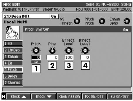 MFM EDIT Song 01 MV-8800 SONG PadBank:01(A.Phrs) Slider:Audio Now:0001-01-000 BPM:120.00 21>VocalMlt On Docal Multi NS Thresh Pitch Pitch Enhans Pitch Shifter On 1 NS 2 Linodes 3 Enhance 4 EQ 5 Pitch 6 Delay 7 Chorus Pitch Fine Effect Level Direct Level 0 0 100 0 ce 2 3 4 Block ▲ Block ▼ Knob Assign Fx On/Off Su On/Off