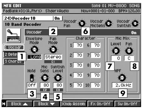 MFM EDIT Song 01 MJ-8800 SONG PadBank:01(A.Phrs) Slider:Audio Now:0001-01-000 BPM:120.00 24>Ucoder 10 On 10 Band Vocoder Vocoder Envelope Mode Pan Mode Character 1 70 6 70 2 70 7 70 3 70 8 70 4 70 9 70 5 70 10 70 Mic Mix Level Pan O C HPF 2.0kHz Block ▲ Block ▼ Knob Assign Fx On/Off Sw On/Off