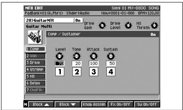 MFR EDIT Song 01 MJ-8800 SONG PadBank:01(A.Phrs) Slider:Audio Now:0001-01-000 BPM:120.00 20>GuitarMlt On Guitar Multi Drive Gain Drive Level NS Thresh Comp / Sustainer On 1 COMP Level Tone Attack Sustain 2 Mah 70 20 100 50 3 Drive 5 NS 4 GtrAMP 1 2 3 4 5 NS 6 Delay 7 ChoFin Block ▲ Block ▼ Knob Assign Fx On/Off Sw On/Off