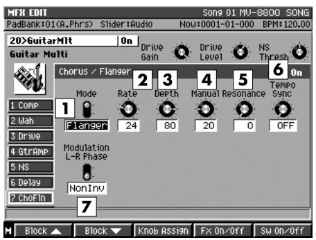 MFM EDIT Song 01 MU-8800 SONG PadBank:01(A.Phrs) Slider:Audio Now:0001-01-000 BPM:120.00 20>GuitarMit On Guitar Multi Drive Gain Drive Level NS Thresh Chorus / Flanger 2 3 4 5 6 Mode Rate Depth Manual Resonance Tempo Sync Flanger 24 80 20 0 OFF Modulation L-R Phase NonInv 7 Block ▲ Block ▼ Knob Assign Fx On/Off Sw On/Off