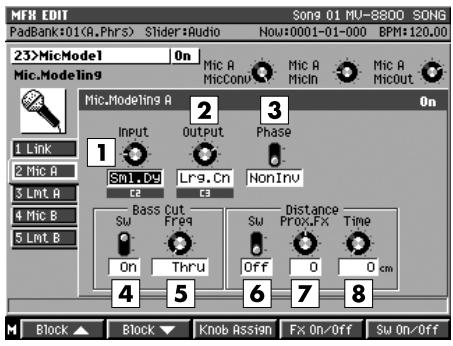 MFM EDIT Song 01 MV-8800 SONG PadBank:01(A.Phrs) Slider:Audio Now:0001-01-000 BPM:120.00 23>MicModel On Mic A Mic A Mic A Mic.Modeling9 MicConv MicIn MicOut Mic.Modeling A 2 3 On Input Output Phase Sml.DW Lrg.Cn NonInv Bass Cut Freq Distance SW Prox.FX Time On Thru Off 0 0 cm 4 5 6 7 8 Block ▲ Block ▼ Knob Assign Fx On/Off Sw On/Off