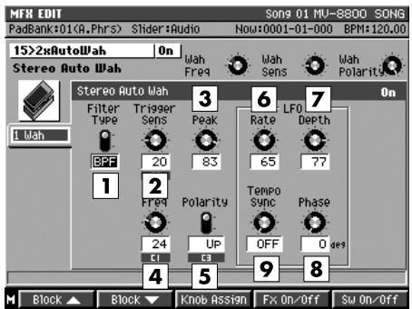 MFR EDIT Song 01 MU-8800 SONG PadBank:01(A.Phrs) Slider:Audio Now:0001-01-000 BPM:120.00 15>2xAutoWah On Stereo Auto Wah Wah Freq Wah Sens Wah Polarity 3 6 7 On Filter Trigger Sens Peak Rate LFU Depth BPF 20 83 65 77 1 2 Freq Polarity Tempo Sync Phase 24 UP OFF 0 sec9 4 5 9 8 Block ▲ Block ▼ Knob Assign Fx On/Off Sw On/Off