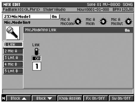 MFM EDIT Song 01 MV-8800 SONG PadBank:01(A.Phrs) Slider:Audio Now:0001-01-000 BPM:120.00 23>MicModel On Mic.Modeling Mic, Modeling Link 1 Link 2 Mic A 3 Lnt A 4 Mic B 5 Lnt B Link On 1 Block ▲ Block ▼ Knob Assign Fx On/Off Sw On/Off