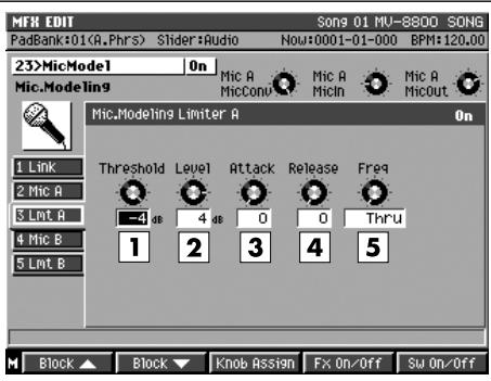 MFB EDIT Song 01 MU-8800 SONG PadBank:01(A.Phrs) Slider:Audio Now:0001-01-000 BPM:120.00 23>MicModel On Mic.Model9 Mic A Mic A Mic A MicConv MicCon MicIn MicOut Mic.Modeling Limiter A On Threshold Level Attack Release Freq 1 2 3 4 5 Block ▲ Block ▼ Knob Assign Fx On/Off Sw On/Off
