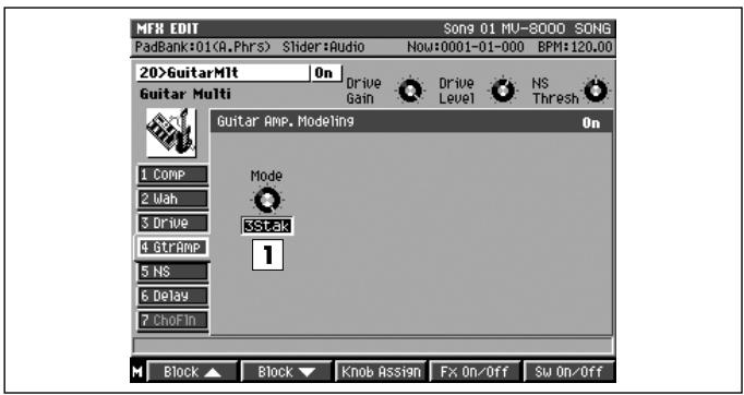 MFR EDIT SONG 01 MU-8000 SONG PadBank:01(A.Phrs) Slider:Audio Now:0001-01-000 BPM:120,00 20>GuitarMlt On Guitar Multi Drive Gain Drive Level NS Thresh Guitar Amp. Modeling On 1 COMP Mode 2 Mah SSstak 3 Drive 4 GTRAMP 5 NS 6 Delay 7 ChoFin Block Block Knob Assign Fx On/Off Sw On/Off