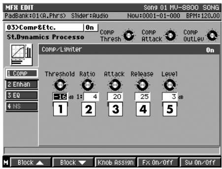 MFR EDIT Song 01 MV-8800 SONG PadBank*01(A.Phrs) Slider:Audio Now:0001-01-000 BPM:120.00 03>Comp&Etc. On St.Dynamics Processo COMP/Limiter COMP/Limiter COMP/Limiter 1 COMP 2 Enhance 3 EQ 4 NS Threshold Ratio Attack Release Level -16 dB 15 4 20 25 3 dB 1 2 3 4 5 Block ▲ Block ▼ Knob Assign Fx On/Off Sw On/Off