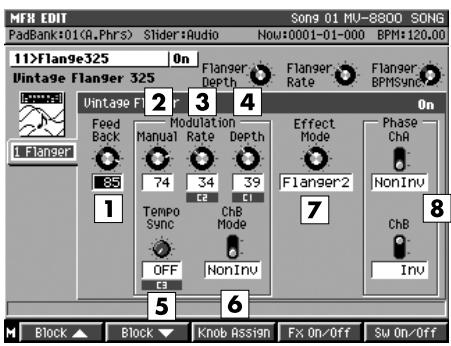 MFX EDIT Song 01 MV-8800 SONG PadBank:01(A.Phrs) Slider:Audio Now:0001-01-000 BPM:120.00 11>Flan9e325 On Vintage Flanger 325 Flange F Depth Flange Rate Flange BPMSync 2 3 4 Feed Back 74 Modulation Manual Rate Depth Effect Mode Flanger-2 NonInv Phase ChB Tempo Sync ChB Mode ChB OFF NonInv ChB Inv 1 Flanger Block ▲ Block ▼ Knob Assign Fx On/Off Sw On/Off